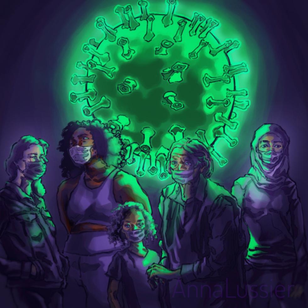 Women in masks on a background of coronavirus Women in masks on a background of coronavirus
