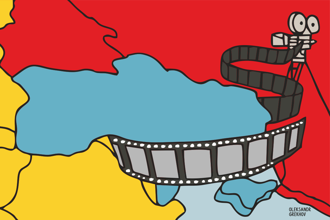 Ілюстрація Олександра Грехова, на якій зображена карта України, обплетена кінострічкою