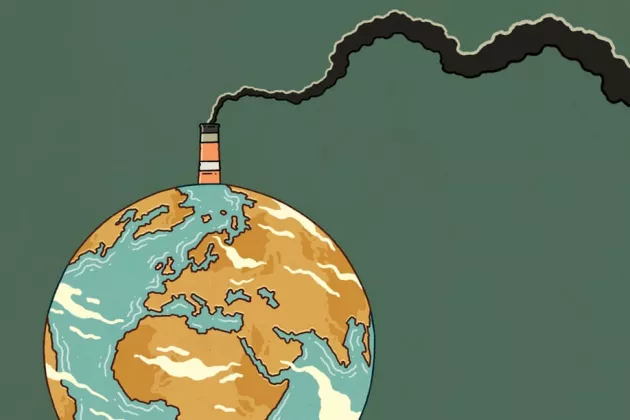 Схематичне зображення планети, з якої парує дим, на синьо-зеленому фоні