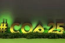 Пінопластові букви COP25, одна з яких — похилена