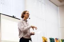 Photo of Uilleam Blacker during his public lecture in Kyiv