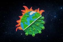 Земля, зліплена з пластиліну: одна половина у вогні через зміну клімату, а інша половина — як коронавірус