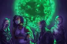 Women in masks on a background of coronavirus