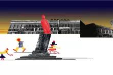 Ілюстрація та колаж пам'ятника Хмельницькому та будівлі, біля яких прогулюються люди