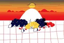 Ілюстрація особи, яка стоїть за столиком з продуктами на ринку