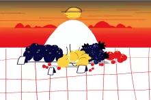 Ілюстрація особи, яка стоїть за столиком з продуктами на ринку