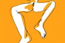 Жовтий фон, ілюстрація голої жінки, що лежить з розсунутими ногами