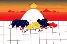 Illustration of a person standing at a table with products in the market