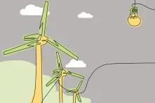 Світло-сірий фон, ілюстрація вітрової електростанції, заголовок чорного кольору