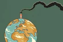 Схематичне зображення планети, з якої парує дим, на синьо-зеленому фоні