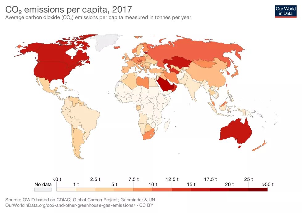 Мапа 2017 року, на якій найтемнішим кольором позначені країни, в яких на душу населення припадає найбільша кількість викидів CO2, — Північна Америка і розвинені держави