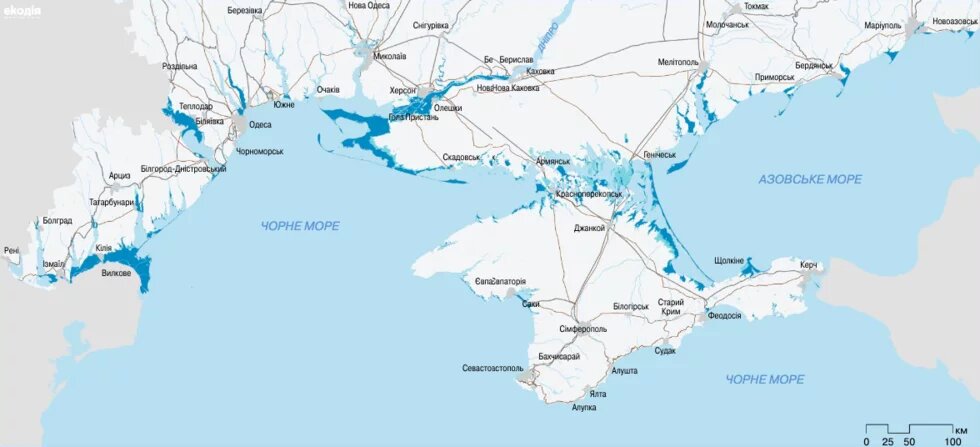 Мапа, на якій зображено, як підніметься рівень моря до 2100 року і затопить частину українських населених пунктів