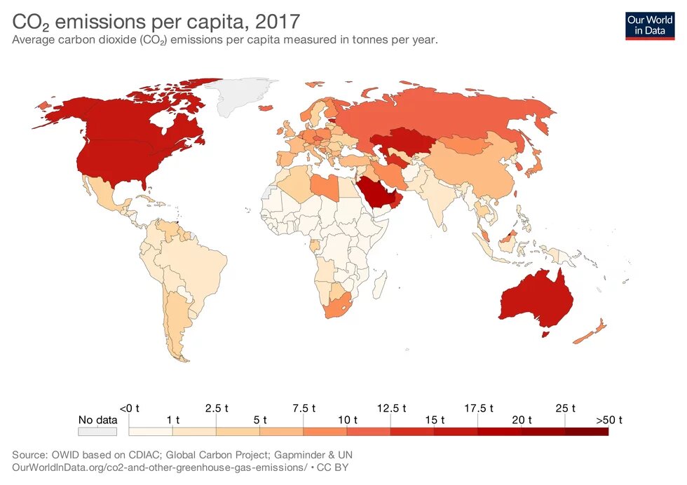 A 2017 map with countries with the highest level of CO2 emissions per capita marked in the dark color