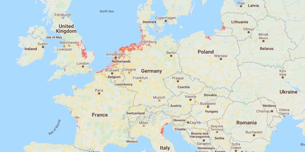 A map of Europe with highlighted territories which may be submerged by 2050