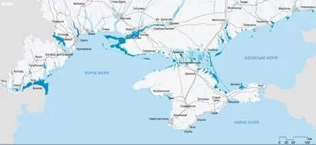 A map depicting some of Ukrainian territories submerged after the global sea level rise by 2100