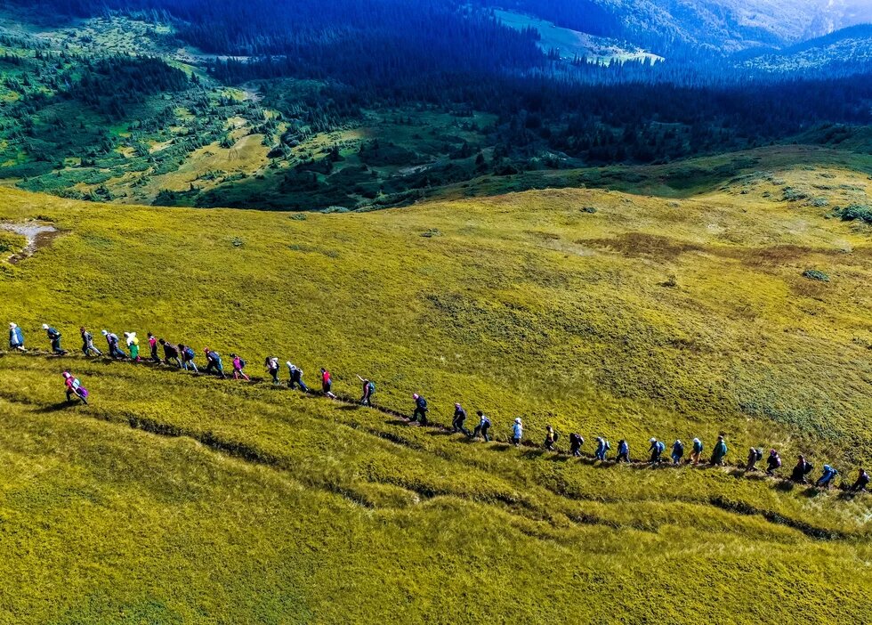 Учасники та учасниці Green Camp йдуть по горі
