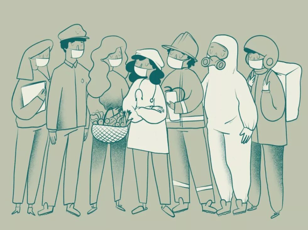 Illustration of various members of the community wearing masks