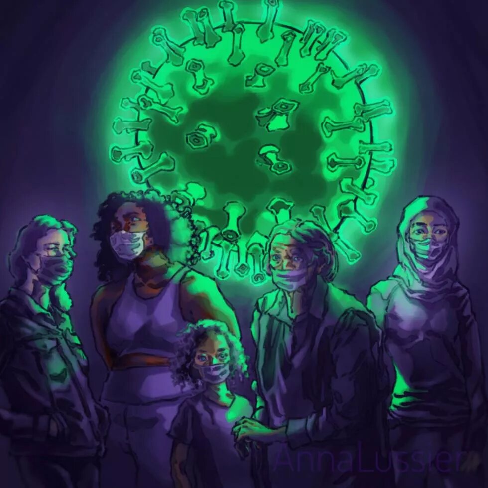 Women in masks on a background of coronavirus